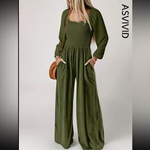 ASVIVID Olive Green Women's Wide-Leg Jumpsuit